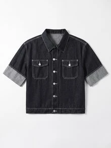 Manfinity Denimwave 男士原色牛仔翻领短袖夹克 男士短袖牛仔衬衫 - 深色水洗藍 - 查看 4