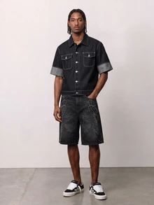 Manfinity Denimwave 男士原色牛仔翻领短袖夹克 男士短袖牛仔衬衫 - 深色水洗藍 - 查看 3