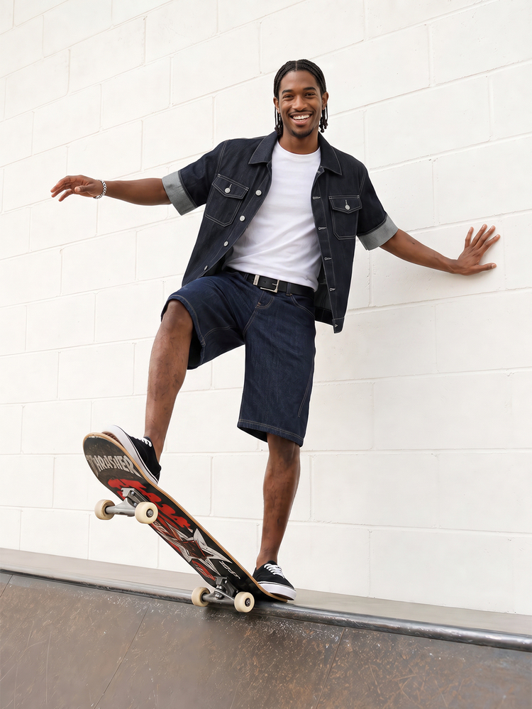 Manfinity Denimwave 男士原色牛仔翻领短袖夹克 男士短袖牛仔衬衫 - 深色水洗藍 - 查看 5