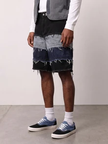 Zalmeno Unisex American Style Distressed Hem Denim Shorts Men Denim Patch Shorts - Multicolor - View 1