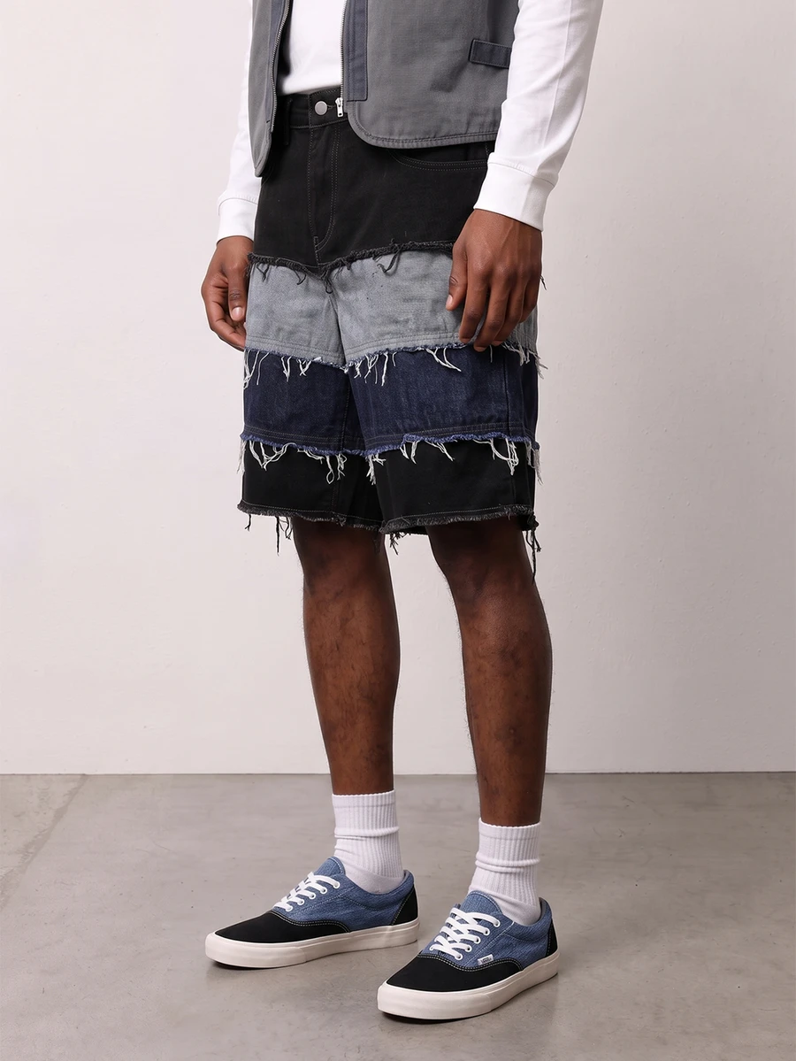 Zalmeno Unisex American Style Distressed Hem Denim Shorts Men Denim Patch Shorts - Multicolor - View 1