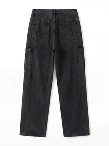 Manfinity Denimwave Manfinity Streetstyle Men's Fashion Cross & Letter Rhinestone Embellished Jeans Halloween All Saints' Day Rhinestone Jeans Y2K Rhinestone Black Loose Wide Leg Disco Party For Thrashed Denim - Black - View 4