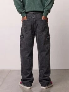 Manfinity Denimwave Manfinity Streetstyle Men's Fashion Cross & Letter Rhinestone Embellished Jeans Halloween All Saints' Day Rhinestone Jeans Y2K Rhinestone Black Loose Wide Leg Disco Party For Thrashed Denim - Black - View 2