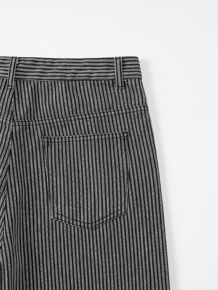 Zalmeno Men's Vertical Striped Casual Loose Fit Jacquard Denim Pants - Medium Wash - View 8