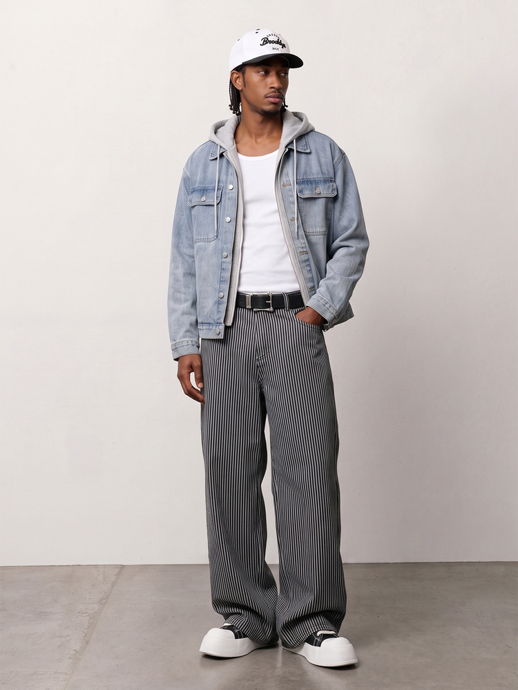 Zalmeno Men's Vertical Striped Casual Loose Fit Jacquard Denim Pants - Medium Wash - View 3