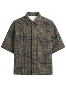 Zalmeno 男士休闲宽松钩针迷彩牛仔短袖衬衫，街头时尚 - 軍綠色 - 查看 4