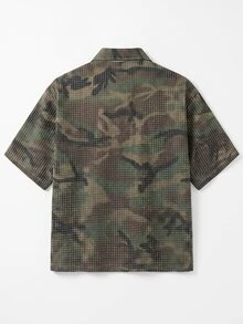 Zalmeno 男士休闲宽松钩针迷彩牛仔短袖衬衫，街头时尚 - 軍綠色 - 查看 6