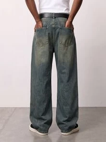 Zalmeno Manfinity Streetstyle Men's Loose Fit Distressed Pocket Denim Wide Leg Jeans Y2K Punk Acid Washed Blue - Medium Wash - View 2