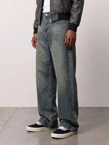 Zalmeno Manfinity Streetstyle Men's Loose Fit Distressed Pocket Denim Wide Leg Jeans Y2K Punk Acid Washed Blue - Medium Wash - View 1