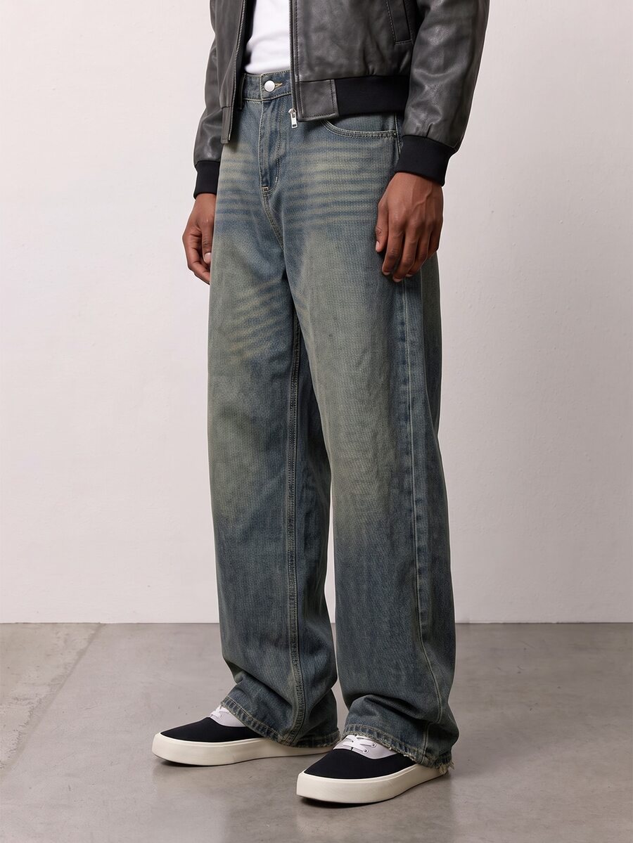 Zalmeno Manfinity Streetstyle Men's Loose Fit Distressed Pocket Denim Wide Leg Jeans Y2K Punk Acid Washed Blue - Medium Wash - View 1