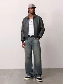 Zalmeno Manfinity Streetstyle Men's Loose Fit Distressed Pocket Denim Wide Leg Jeans Y2K Punk Acid Washed Blue - Medium Wash - View 3