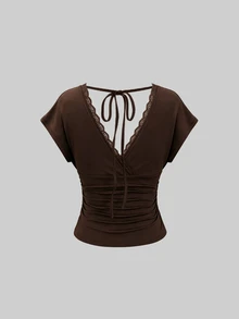 Rovax Deep Brown Lace V-Neck Tie Back Slimming High Waist T-Shirt - Brown - View 4