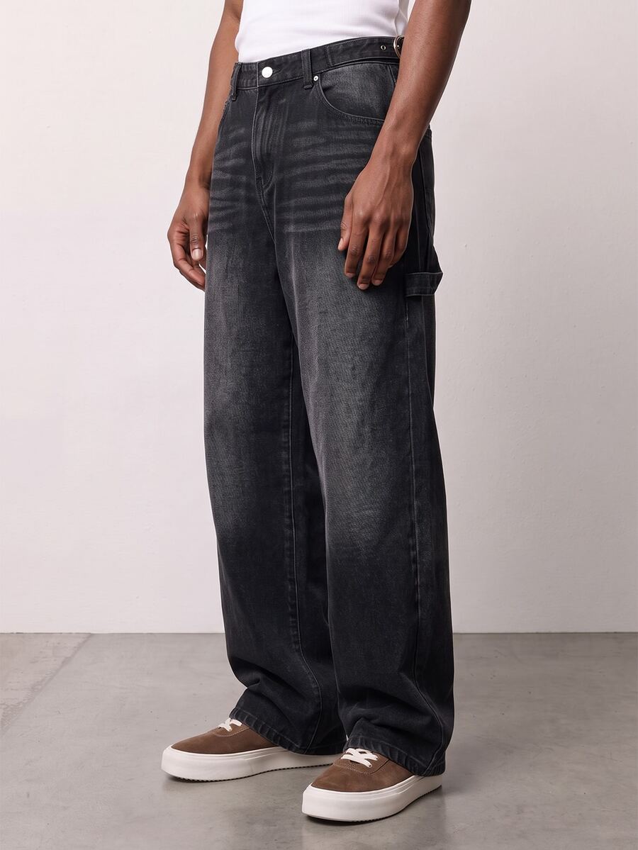 Manfinity Denimwave Men's Geometric Pattern Pocket Straight Leg Casual Jeans Going Out Hang Out Commute Vacation Street, Grunge - Black - View 1