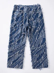 Zalmeno 男士宽松阔腿牛仔裤，带口袋，纯色深蓝色阔腿长款水洗工装牛仔裤，送给老公、男友的礼物，适合外出、大学校园、街头闲逛、运动穿着。 - 中等水洗藍 - 查看 4