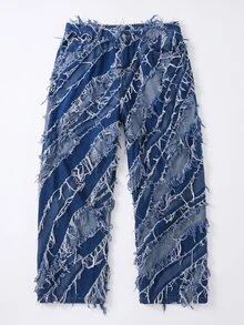 Zalmeno 男士宽松阔腿牛仔裤，带口袋，纯色深蓝色阔腿长款水洗工装牛仔裤，送给老公、男友的礼物，适合外出、大学校园、街头闲逛、运动穿着。 - 中等水洗藍 - 查看 5