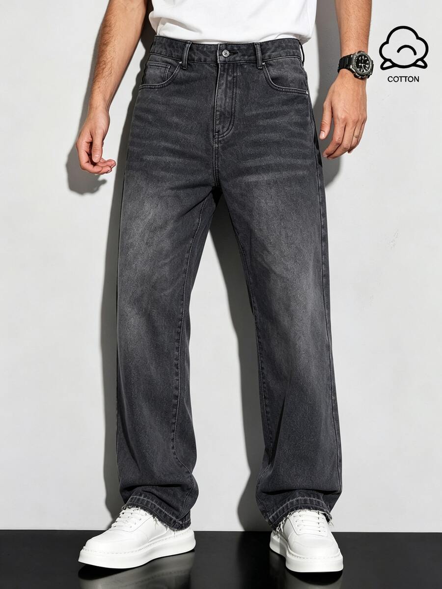 Colvenic Men's Light Luxury Casual Streetwear Quality Life Dark Grey Washed Denim Straight Leg Pants School Rainy Day Autumn