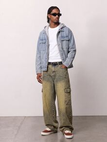 Manfinity EMRG Jeans holgados con parches vintage desgastados, estilo callejero americano - Amarillo - Ver 3