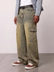 Manfinity EMRG Jeans holgados con parches vintage desgastados, estilo callejero americano - Amarillo - Ver 1