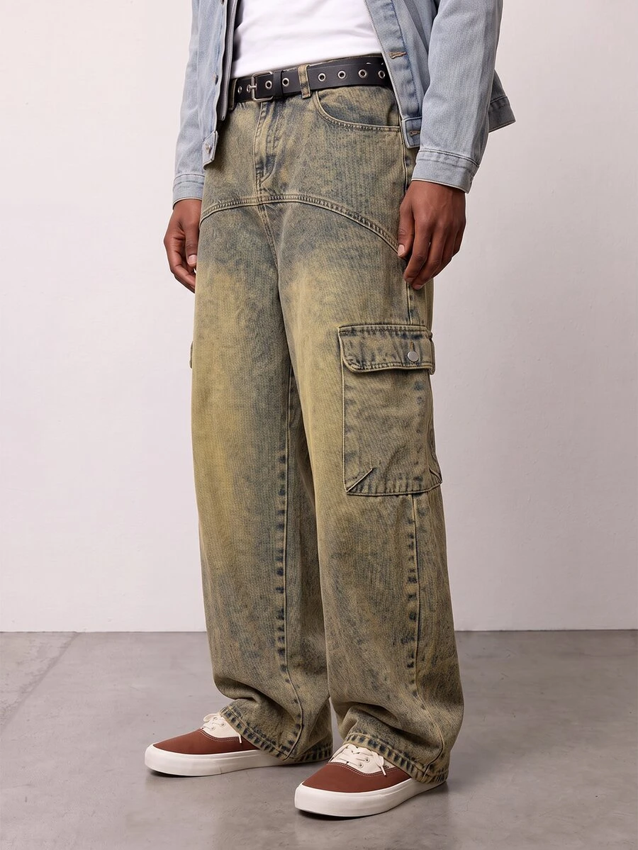 Manfinity EMRG Jeans holgados con parches vintage desgastados, estilo callejero americano - Amarillo - Ver 1