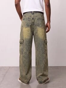 Manfinity EMRG Jeans holgados con parches vintage desgastados, estilo callejero americano - Amarillo - Ver 2