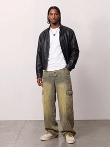 Manfinity EMRG Jeans holgados con parches vintage desgastados, estilo callejero americano - Amarillo - Ver 4