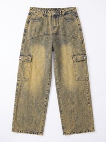 Manfinity EMRG Jeans holgados con parches vintage desgastados, estilo callejero americano - Amarillo - Ver 5