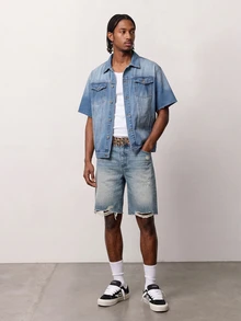 Zalmeno Men's Loose Denim Short Sleeve Top - Medium Wash - View 7