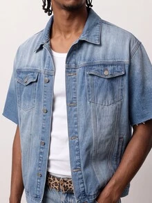 Zalmeno Men's Loose Denim Short Sleeve Top - Medium Wash - View 3