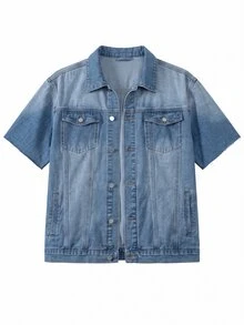 Zalmeno Men's Loose Denim Short Sleeve Top - Medium Wash - View 8