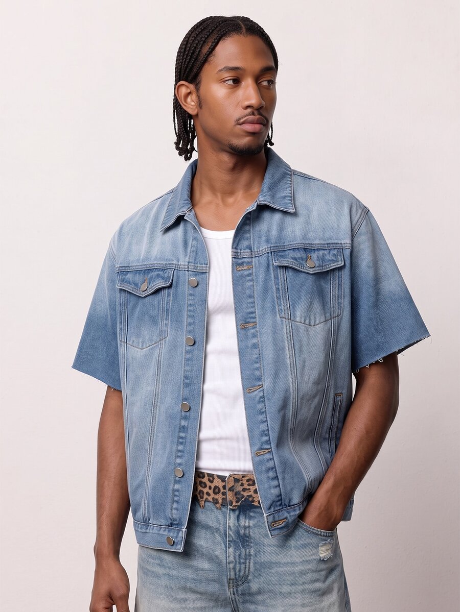 Zalmeno Men's Loose Denim Short Sleeve Top - Medium Wash - View 1