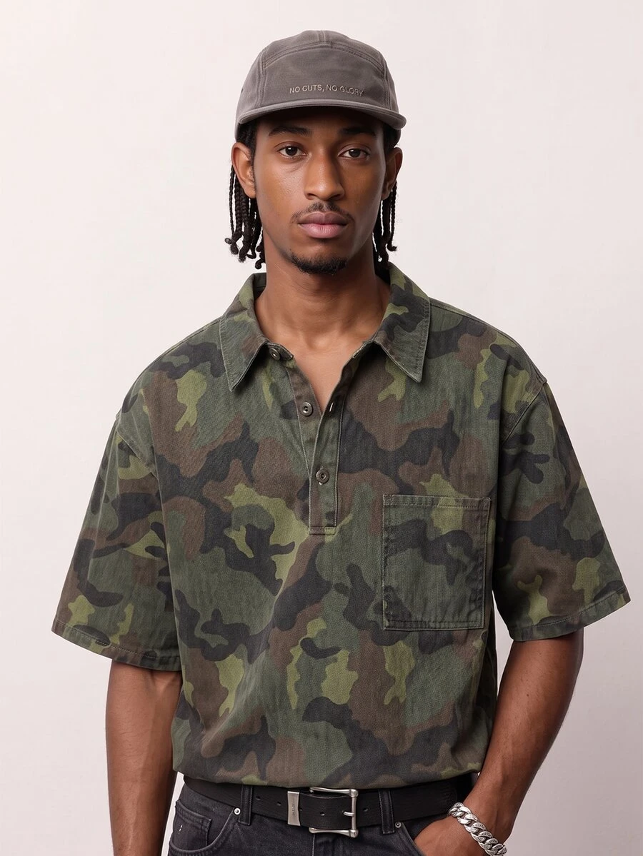 Manfinity Denimwave Camouflage Casual Vintage Denim Effect Short Sleeve Top - Multicolor - View 1
