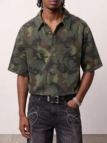 Manfinity Denimwave Camouflage Casual Vintage Denim Effect Short Sleeve Top - Multicolor - View 3