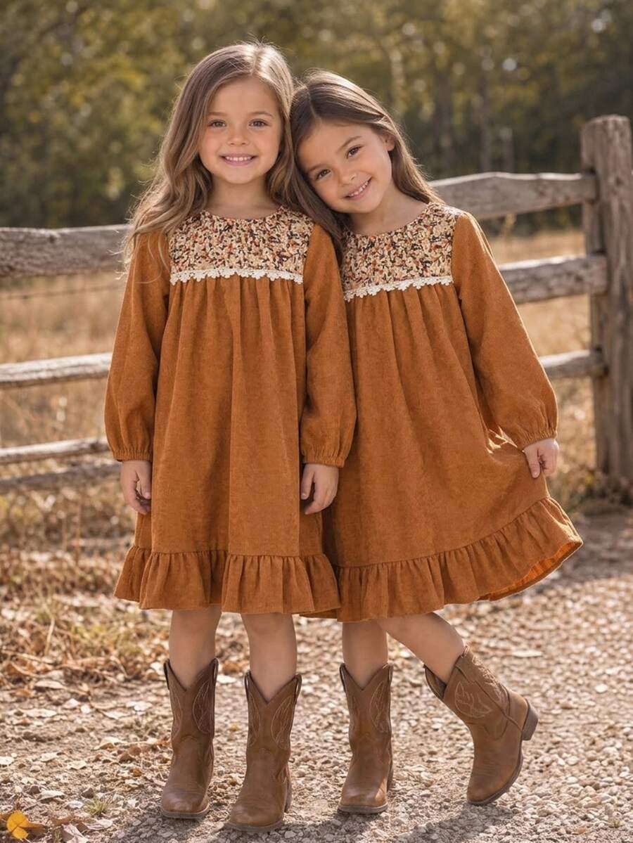 SHEIN Young Girl Ditsy Floral Round Neck Long Sleeve Ruffle Hem Dress - Coffee - View 1