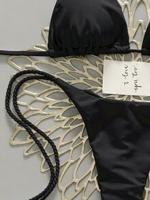 SHEIN Swim 两件套女士泳衣套装，白色手工钩编比基尼，女士两件套泳衣，Y2K泳衣，女士比基尼套装，女士泳衣，女士比基尼套装，女士泳装套装，钢圈比基尼套装，黑色绳带比基尼 - 黑色 - 查看 6