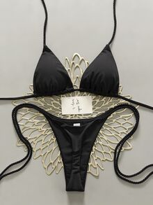 SHEIN Swim 两件套女士泳衣套装，白色手工钩编比基尼，女士两件套泳衣，Y2K泳衣，女士比基尼套装，女士泳衣，女士比基尼套装，女士泳装套装，钢圈比基尼套装，黑色绳带比基尼 - 黑色 - 查看 1