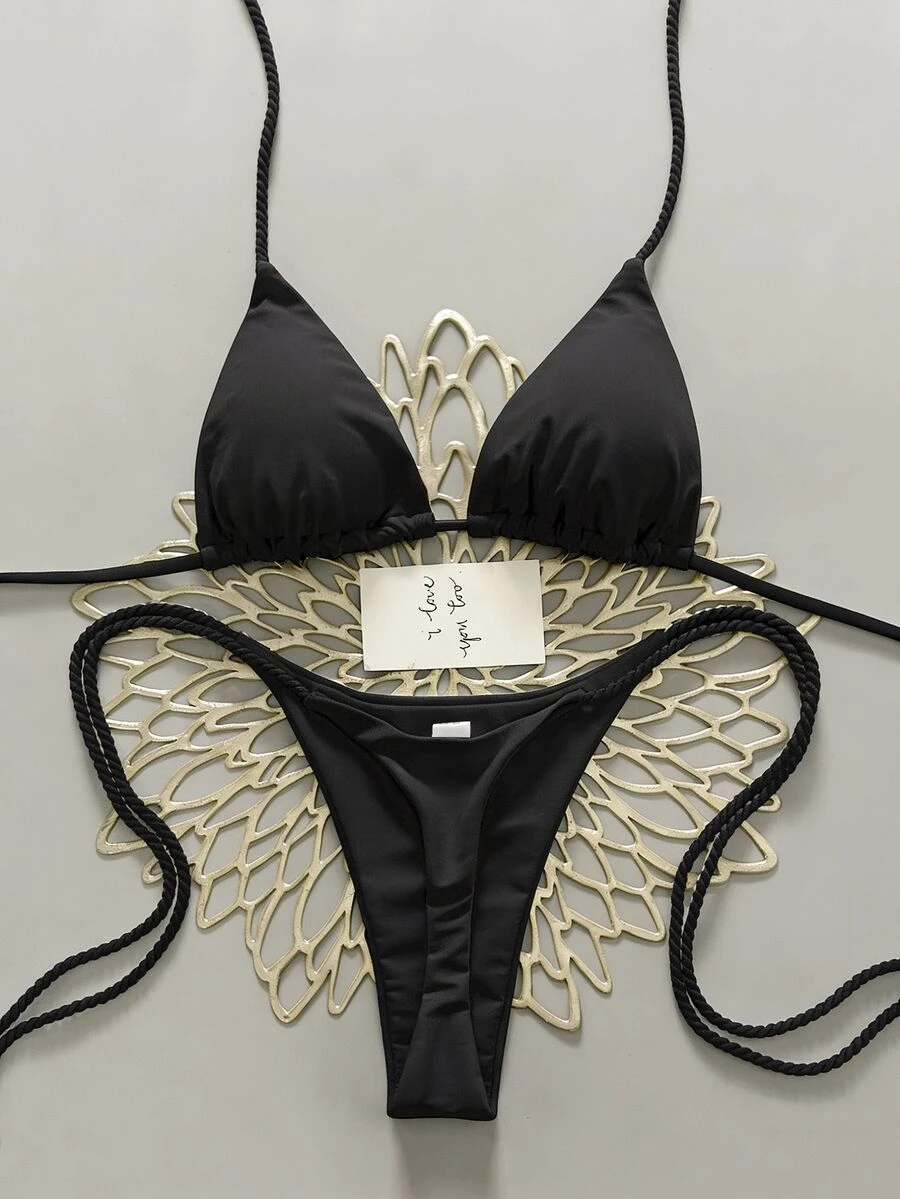 SHEIN Swim 两件套女士泳衣套装,白色手工钩编比基尼,女士两件套泳衣,Y2K泳衣,女士比基尼套装,女士泳衣,女士比基尼套装,女士泳装套装,钢圈比基尼套装,黑色绳带比基尼 - 黑色 - 查看 1