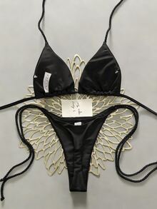 SHEIN Swim 两件套女士泳衣套装，白色手工钩编比基尼，女士两件套泳衣，Y2K泳衣，女士比基尼套装，女士泳衣，女士比基尼套装，女士泳装套装，钢圈比基尼套装，黑色绳带比基尼 - 黑色 - 查看 3