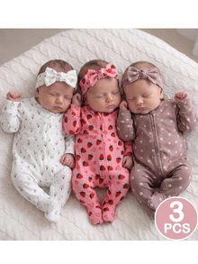 SHEIN 3pcs Newborn Baby Girl Cute Casual Knit Elastic Floral Pattern Long Sleeve Rompers - Multicolor - View 7