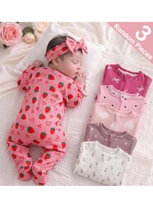 SHEIN 3pcs Newborn Baby Girl Cute Casual Knit Elastic Floral Pattern Long Sleeve Rompers - Multicolor - View 1