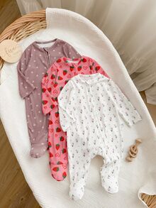 SHEIN 3pcs Newborn Baby Girl Cute Casual Knit Elastic Floral Pattern Long Sleeve Rompers - Multicolor - View 6