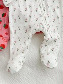 SHEIN 3pcs Newborn Baby Girl Cute Casual Knit Elastic Floral Pattern Long Sleeve Rompers - Multicolor - View 4