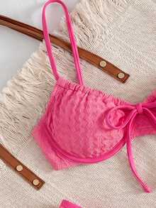 SHEIN Swim 女款螢光粉 2 件式比基尼套裝 夏季休閒性感海灘派對度假泳衣 掛脖抓皺上衣 前綁帶高衩下褲 波浪設計 - 玫紅色 - 查看 3