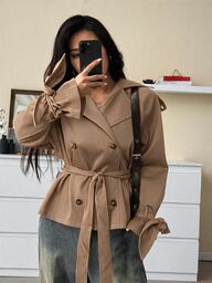 SHEIN EZwear Jesienny casualowy uniwersalny modny czarny trencz z paskiem, kurtka z długim rękawem dla kobiet