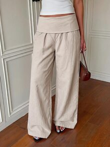 SHEIN EZwear 女款休閒米色梭織長褲，秋冬款 - 杏色 - 查看 6