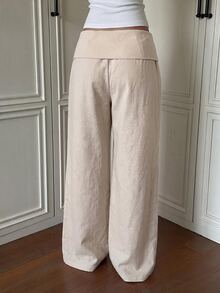 SHEIN EZwear 女款休閒米色梭織長褲，秋冬款 - 杏色 - 查看 2