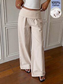SHEIN EZwear 女款休閒米色梭織長褲，秋冬款 - 杏色 - 查看 4