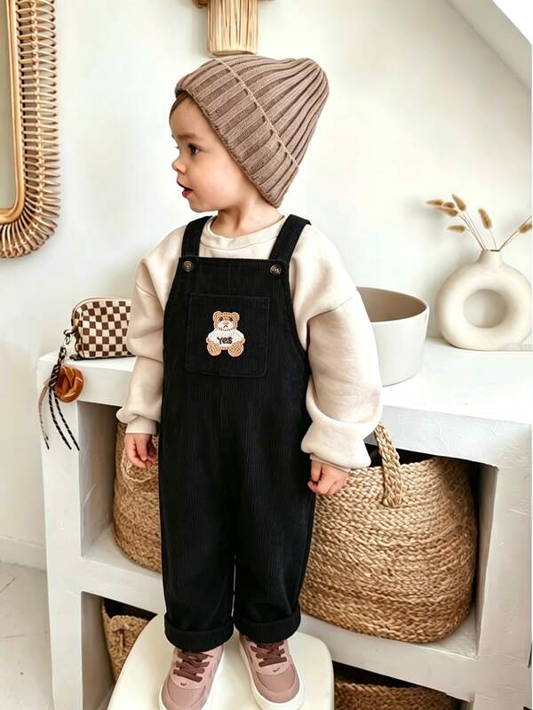1 buah Jumpsuit Korduroi Hitam Gaya Musim Gugur untuk Anak Laki-laki, Motif Bordir Beruang Teddy yang Lucu, Cocok untuk Keluarga, Gaya Vintage, Seri Teman Bermain, Pakaian Luar Ruangan Musim Gugur