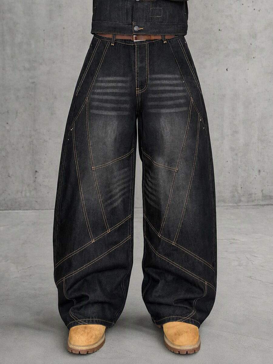 AXEPEAK Men's Patchwork Washed Vintage Denim Jeans - Black - View 1