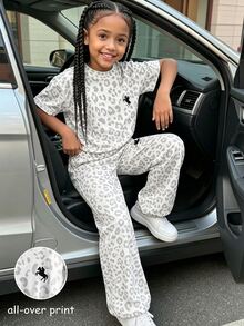 SHEIN Elladie kids 2 piezas/Sets Conjunto básico casual y relajado de unicolor, estampado de caballo, camiseta de cuello redondo y manga corta, pantalones de pierna recta, adecuado para uso diario/salidas en múltiples ocasiones, primavera/verano/todas las estaciones - Blanco - Ver 2