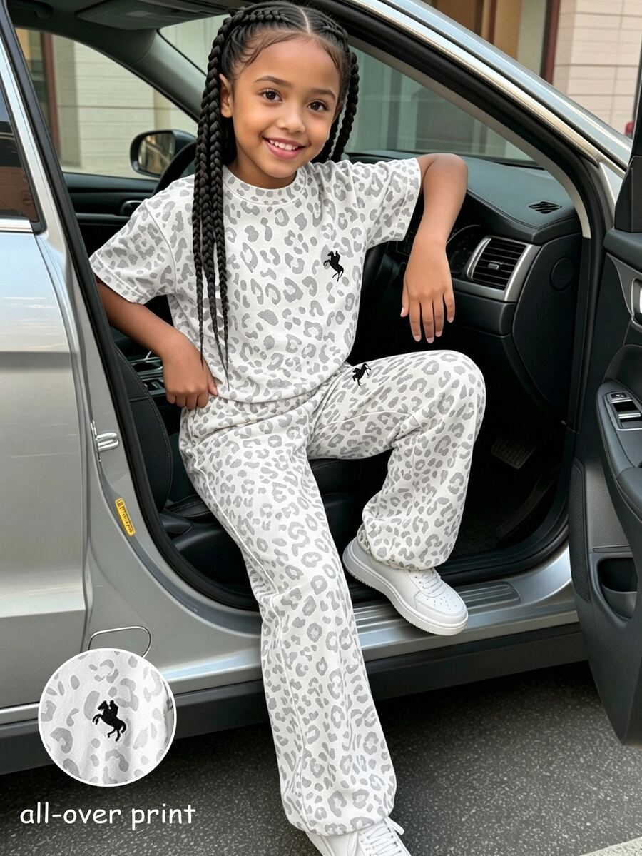 SHEIN Elladie kids 2 piezas/Sets Conjunto básico casual y relajado de unicolor, estampado de caballo, camiseta de cuello redondo y manga corta, pantalones de pierna recta, adecuado para uso diario/salidas en múltiples ocasiones, primavera/verano/todas las estaciones